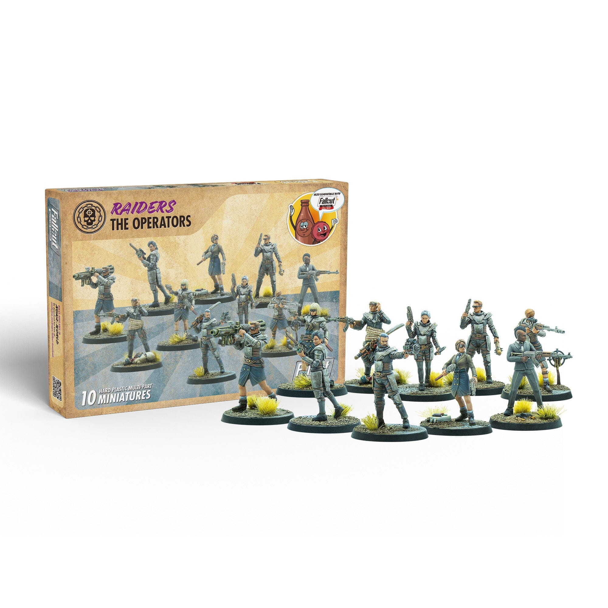 Ten armed and posed Fallout "Raiders The Operators" miniatures displayed in front of their game box