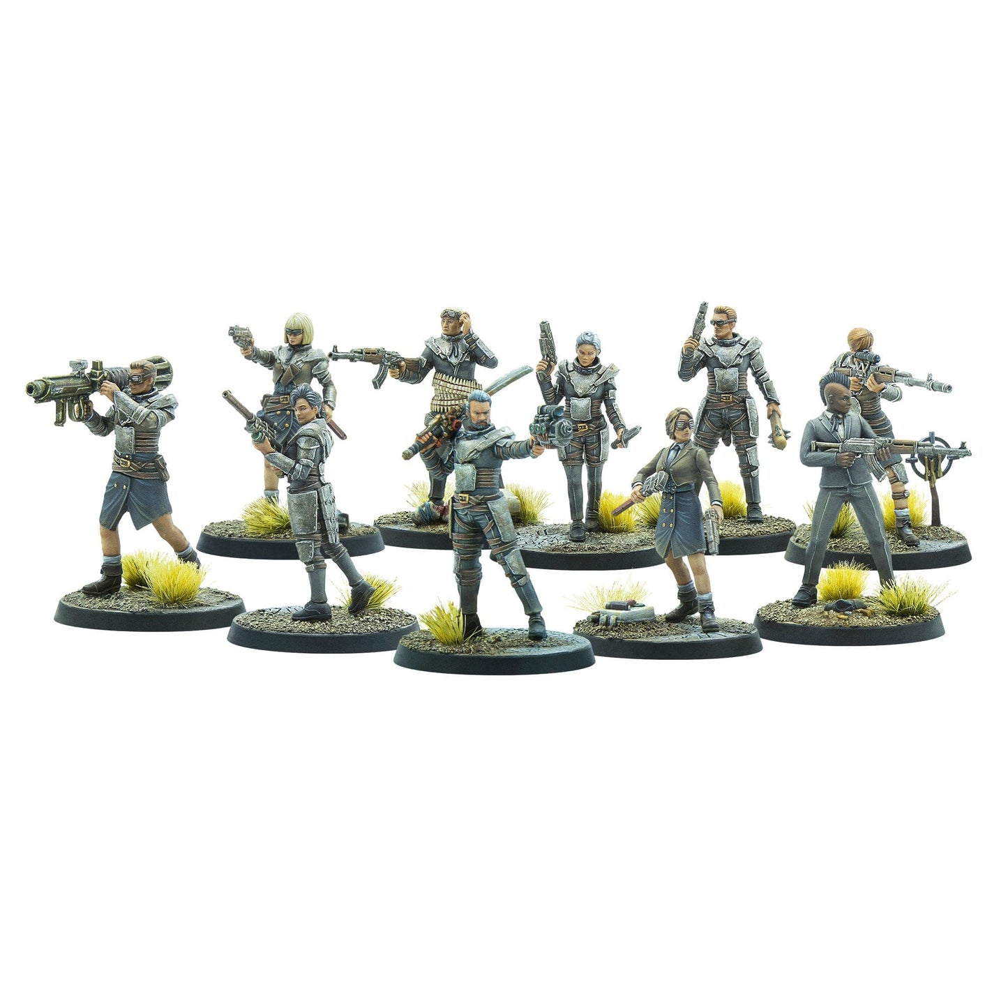 A group of ten painted miniature figures, diverse armed characters in action poses, holding rifles, pistols, and a rocket launcher on game bases