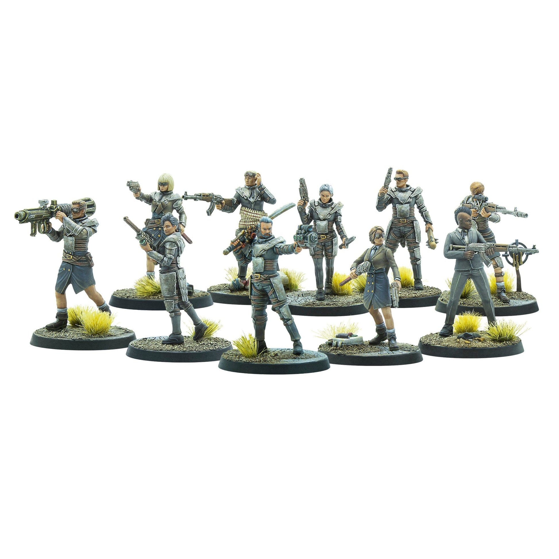 A group of ten painted miniature figures, diverse armed characters in action poses, holding rifles, pistols, and a rocket launcher on game bases