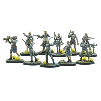 A group of ten painted miniature figures, diverse armed characters in action poses, holding rifles, pistols, and a rocket launcher on game bases