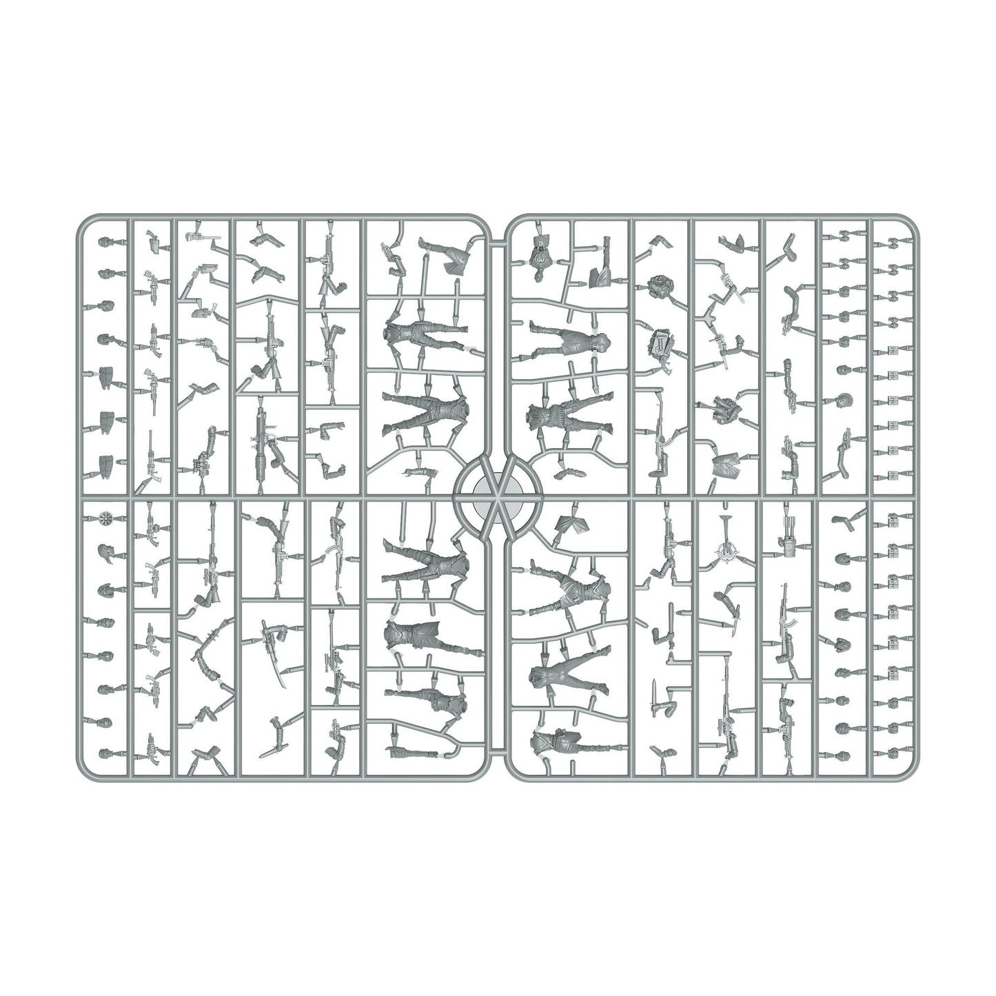 Grey plastic sprue with unpainted parts for assembling 8 miniature soldier figures, including bodies, heads, and weapons