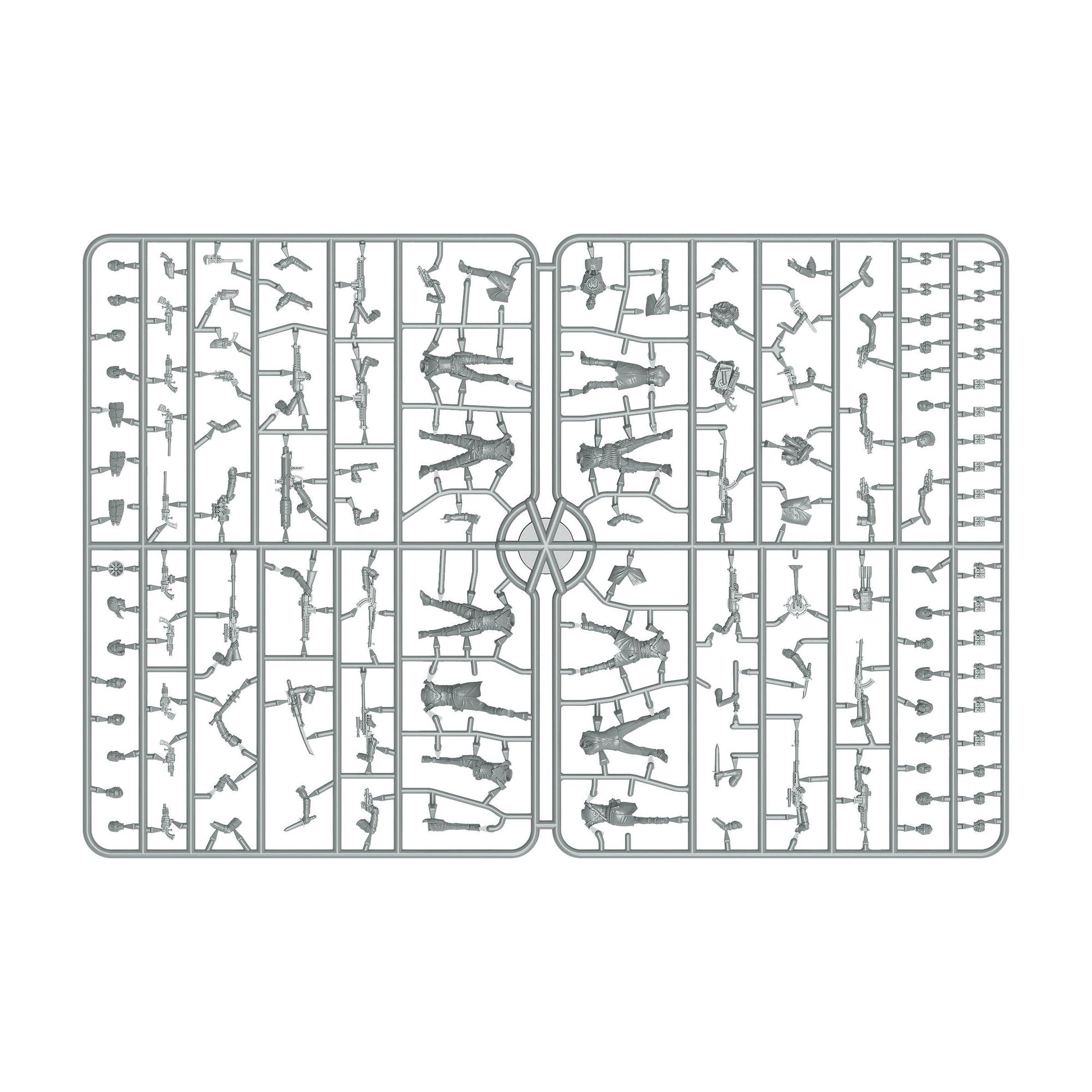 Grey plastic sprue with unpainted parts for assembling 8 miniature soldier figures, including bodies, heads, and weapons