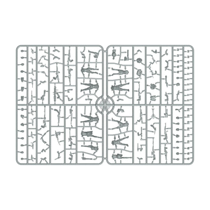 Grey plastic sprue with unpainted parts for assembling 8 miniature soldier figures, including bodies, heads, and weapons