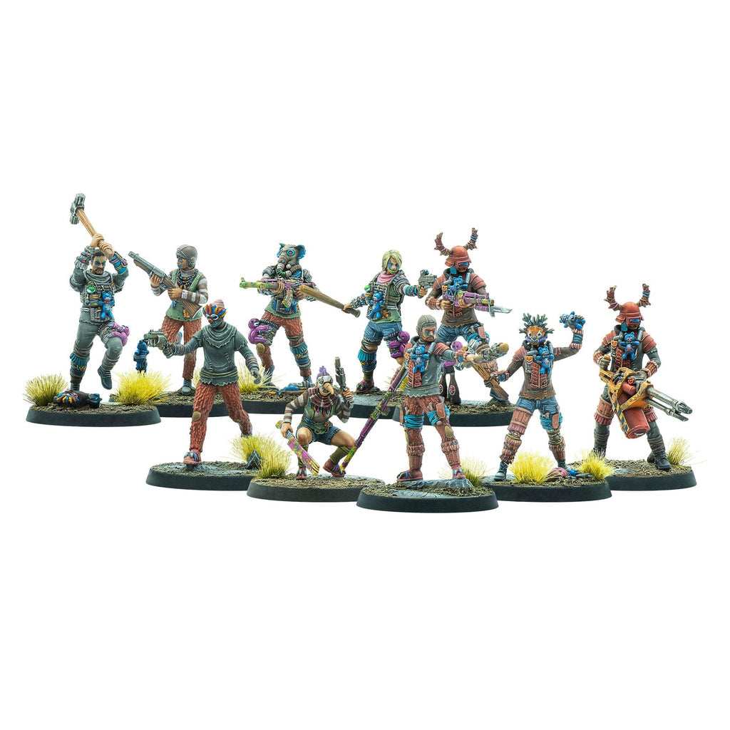 Ten armed, colorful post-apocalyptic miniatures with unique weapons, masks, and blue teddy bears