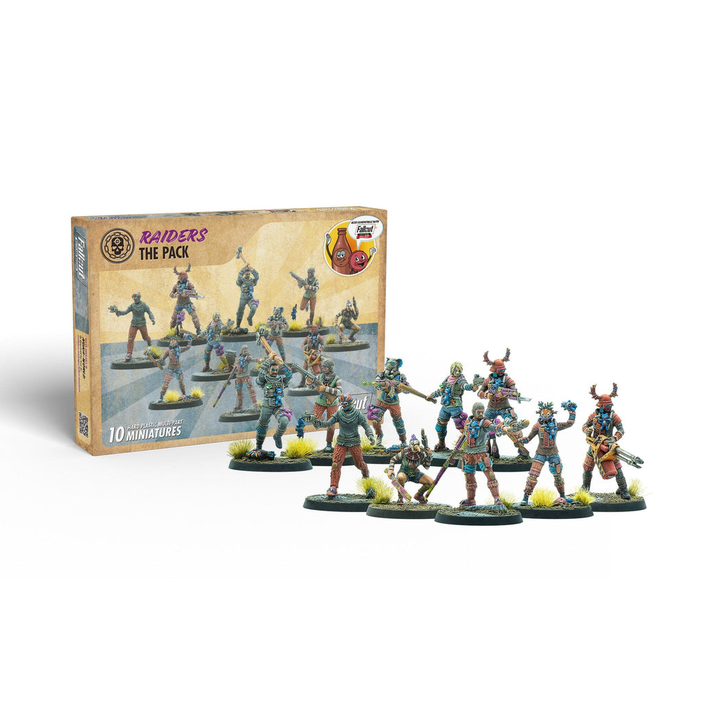 Fallout: Raiders The Pack box with 10 painted, armed tabletop miniatures in various dynamic poses