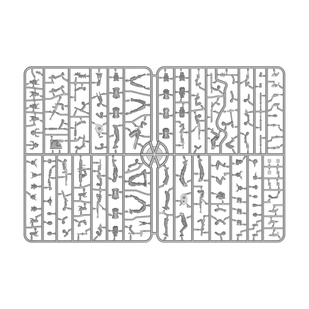 Grey plastic model kit sprues with numerous unassembled miniature figures and weapons