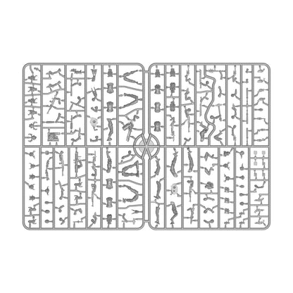 Grey plastic model kit sprues with numerous unassembled miniature figures and weapons