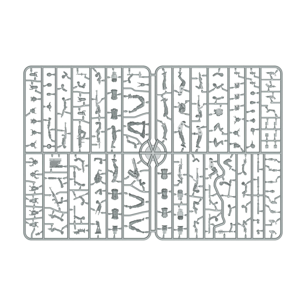 Gray plastic sprue with many unassembled parts for soldier miniatures, including bodies, weapons, and accessories