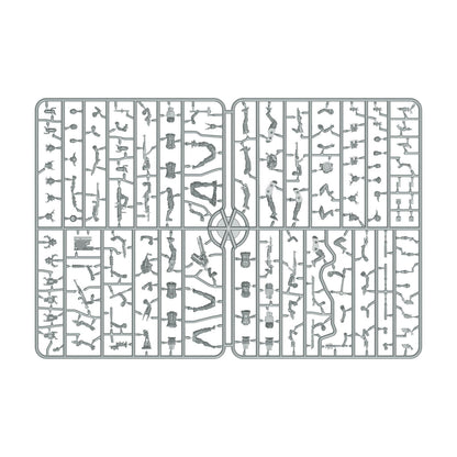 Gray plastic sprue with many unassembled parts for soldier miniatures, including bodies, weapons, and accessories