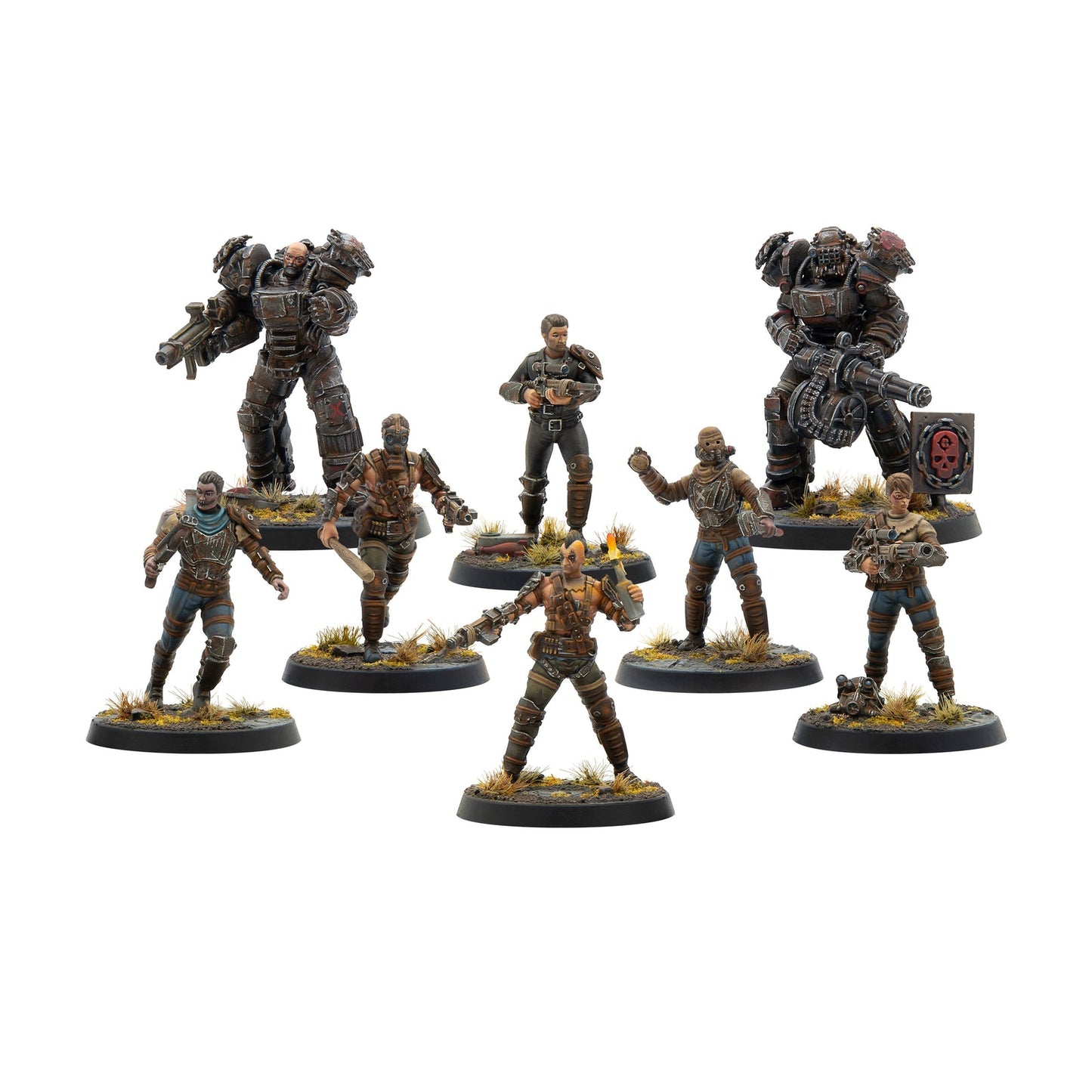Eight painted post-apocalyptic wargame miniatures, including two armored figures and six armed survivors