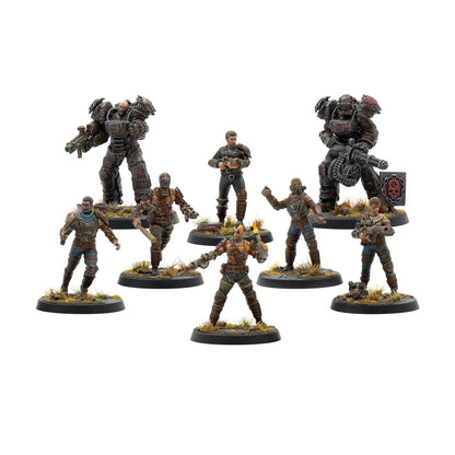 Eight painted post-apocalyptic wargame miniatures, including two armored figures and six armed survivors