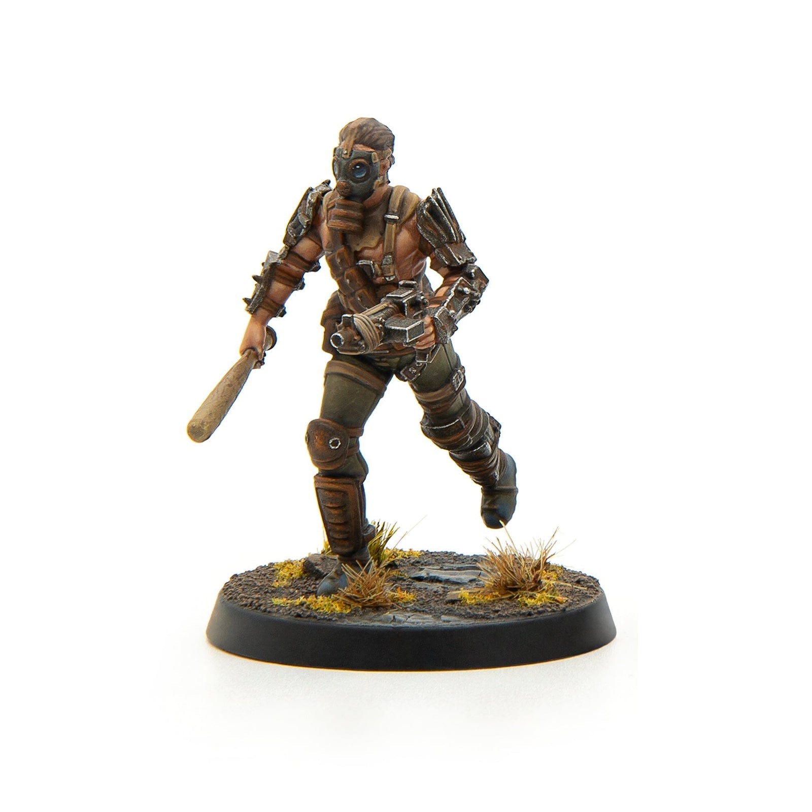 Post-apocalyptic miniature running, wearing a gas mask and spiked armor, armed with a bat and rifle