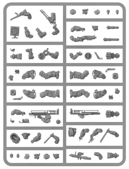 Render of gray plastic model kit components, showing various armored limbs, heavy weapons, and heads