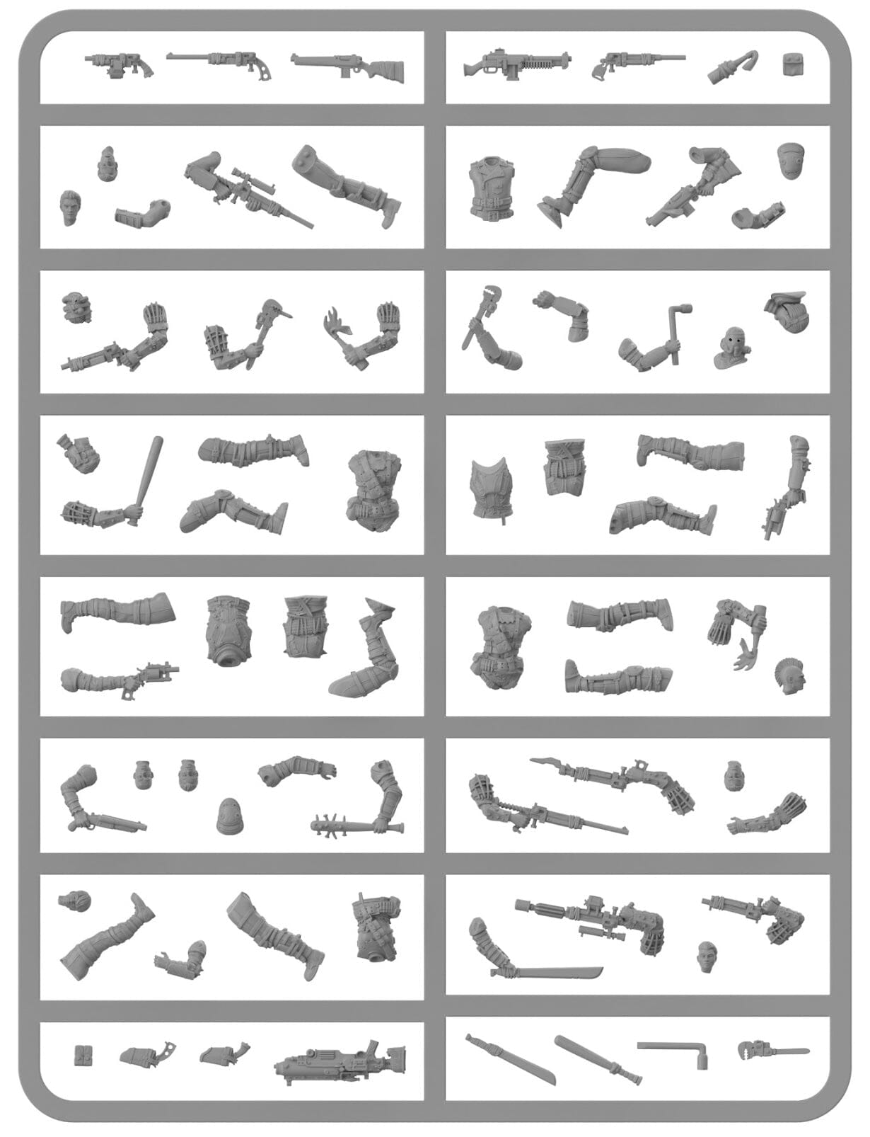 A plastic sprue featuring numerous gray modular components: weapons, heads, torsos, arms, and legs for miniatures