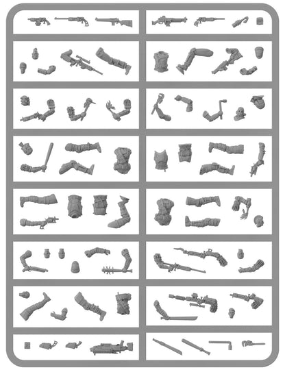 A plastic sprue featuring numerous gray modular components: weapons, heads, torsos, arms, and legs for miniatures