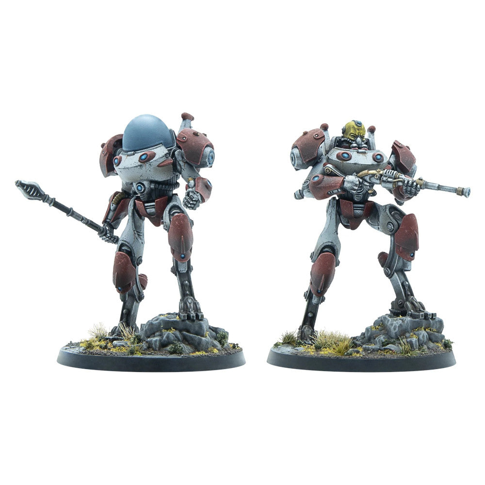 Two white and red sci-fi robot miniatures. One holds a staff, the other a rifle.