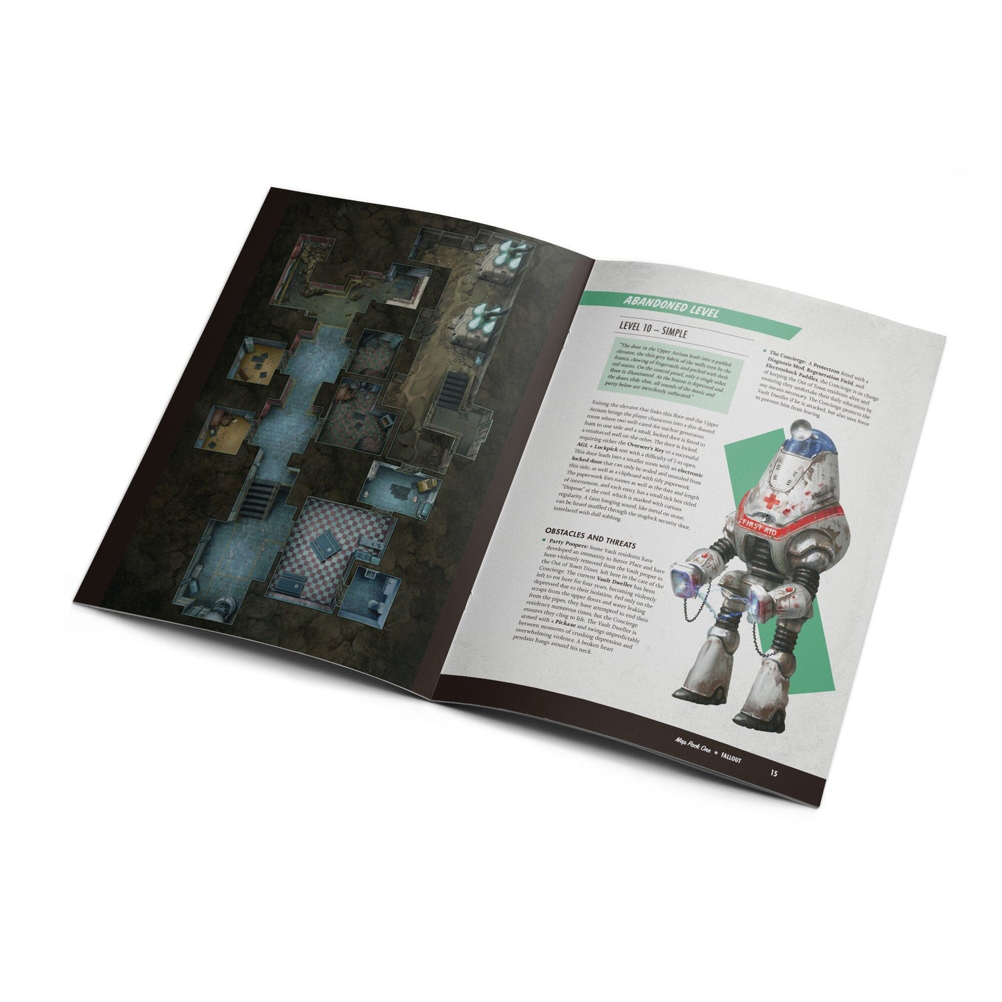 An open tabletop role-playing game rulebook displays a map on the left page and descriptive text with a robot illustration on the right