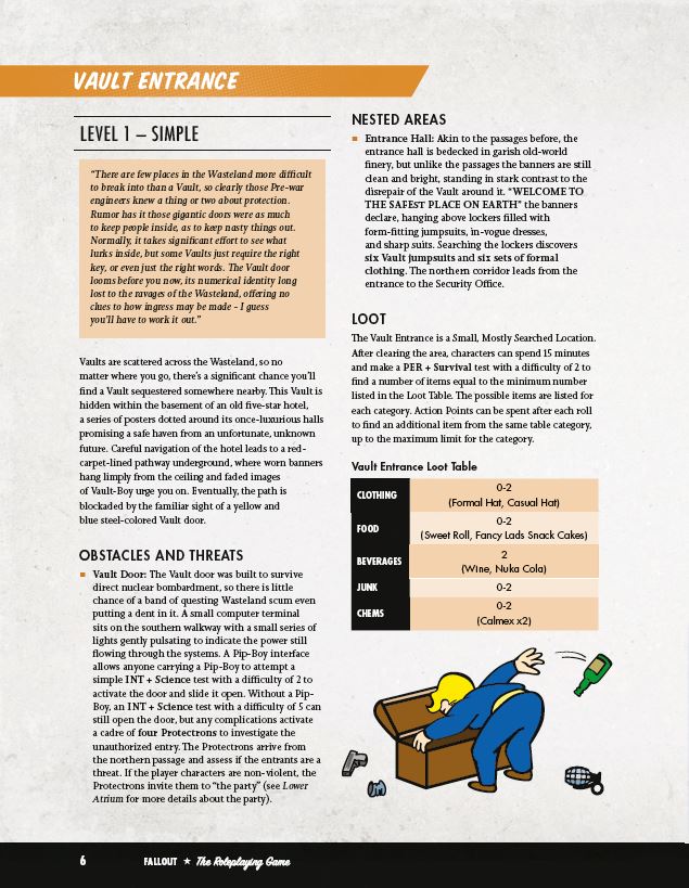 A page from a tabletop roleplaying game manual featuring text sections a loot table and a cartoon character searching a chest
