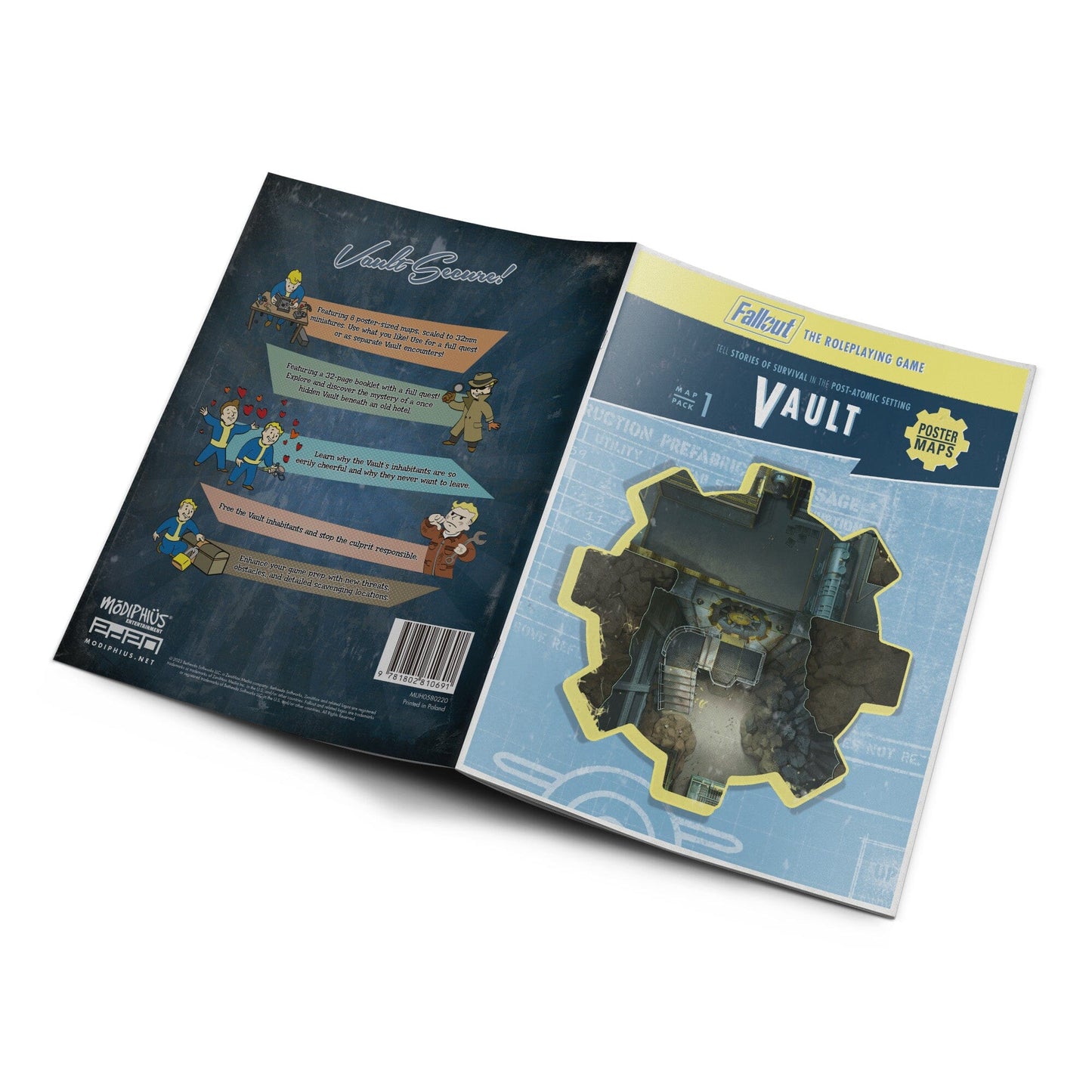 Two game supplements are open, a blue map pack with a technical drawing of an underground facility and a dark booklet with cartoon characters and text