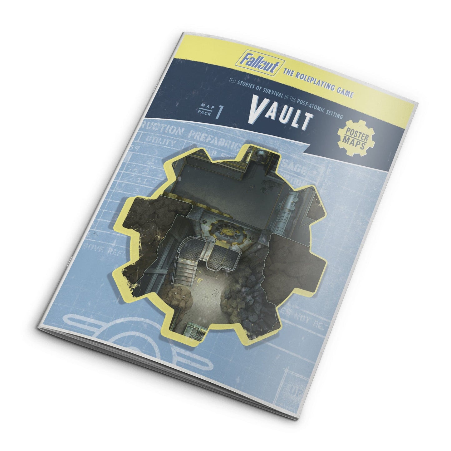 A Fallout The Roleplaying Game - Map Pack 1 Vault Book is shown with a cover cut-out revealing a detailed map of an underground vault interior