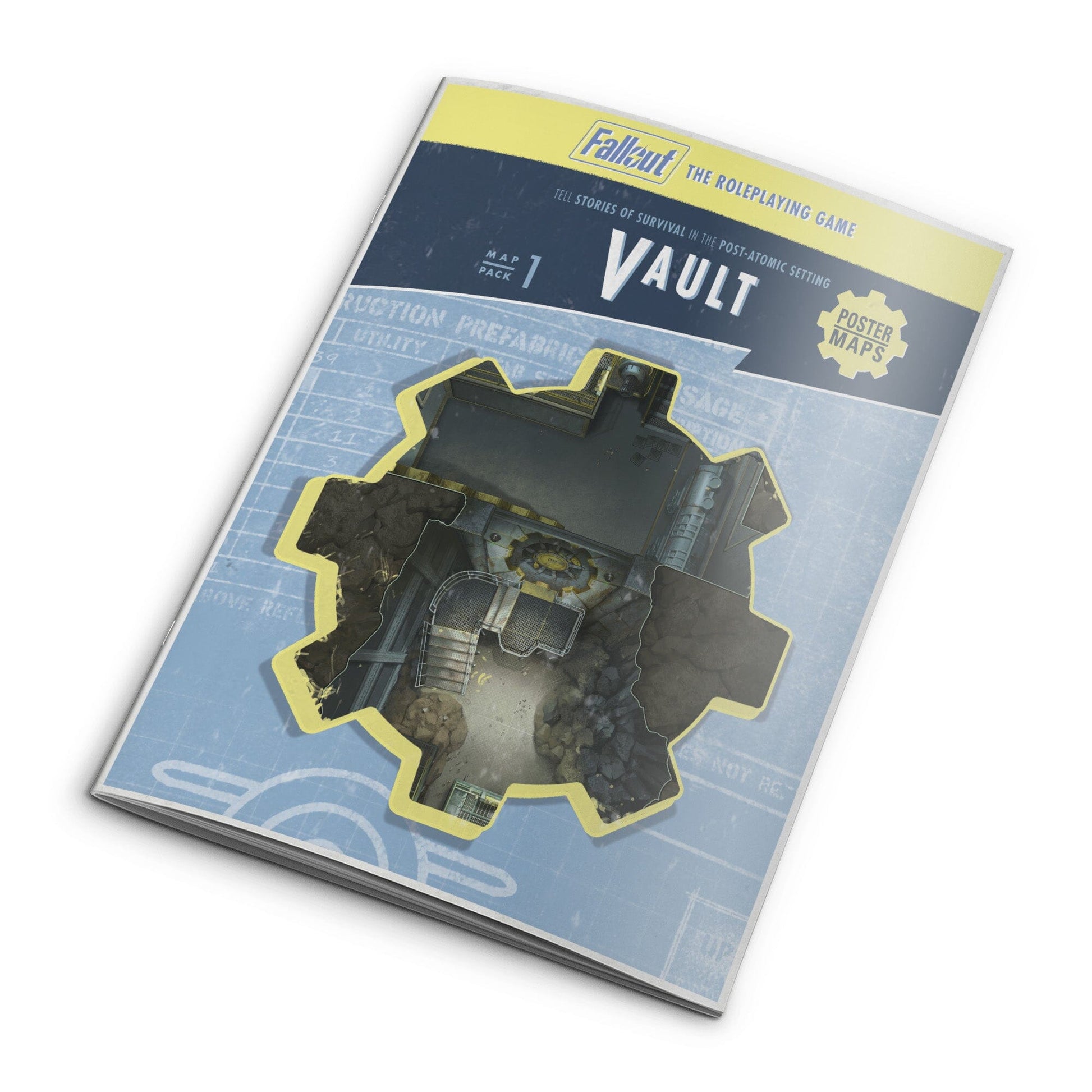 A Fallout The Roleplaying Game - Map Pack 1 Vault Book is shown with a cover cut-out revealing a detailed map of an underground vault interior