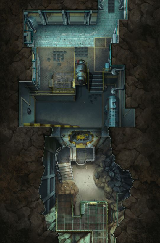 Overhead view of a multi-level underground vault with industrial rooms and rocky passages, part of Fallout The Roleplaying Game - Map Pack 1 Vault Book