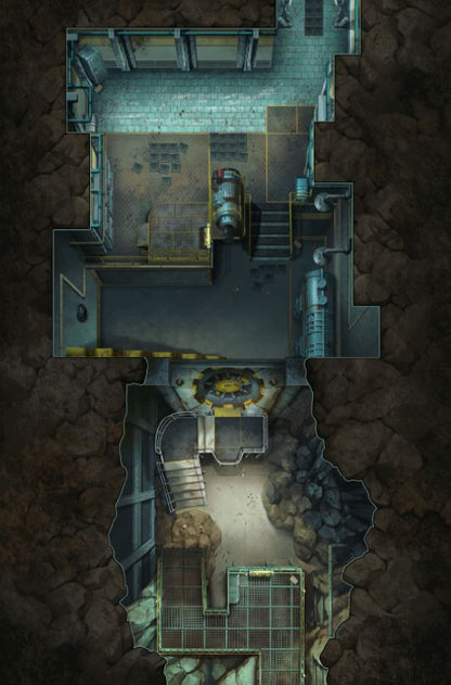 Overhead view of a multi-level underground vault with industrial rooms and rocky passages, part of Fallout The Roleplaying Game - Map Pack 1 Vault Book