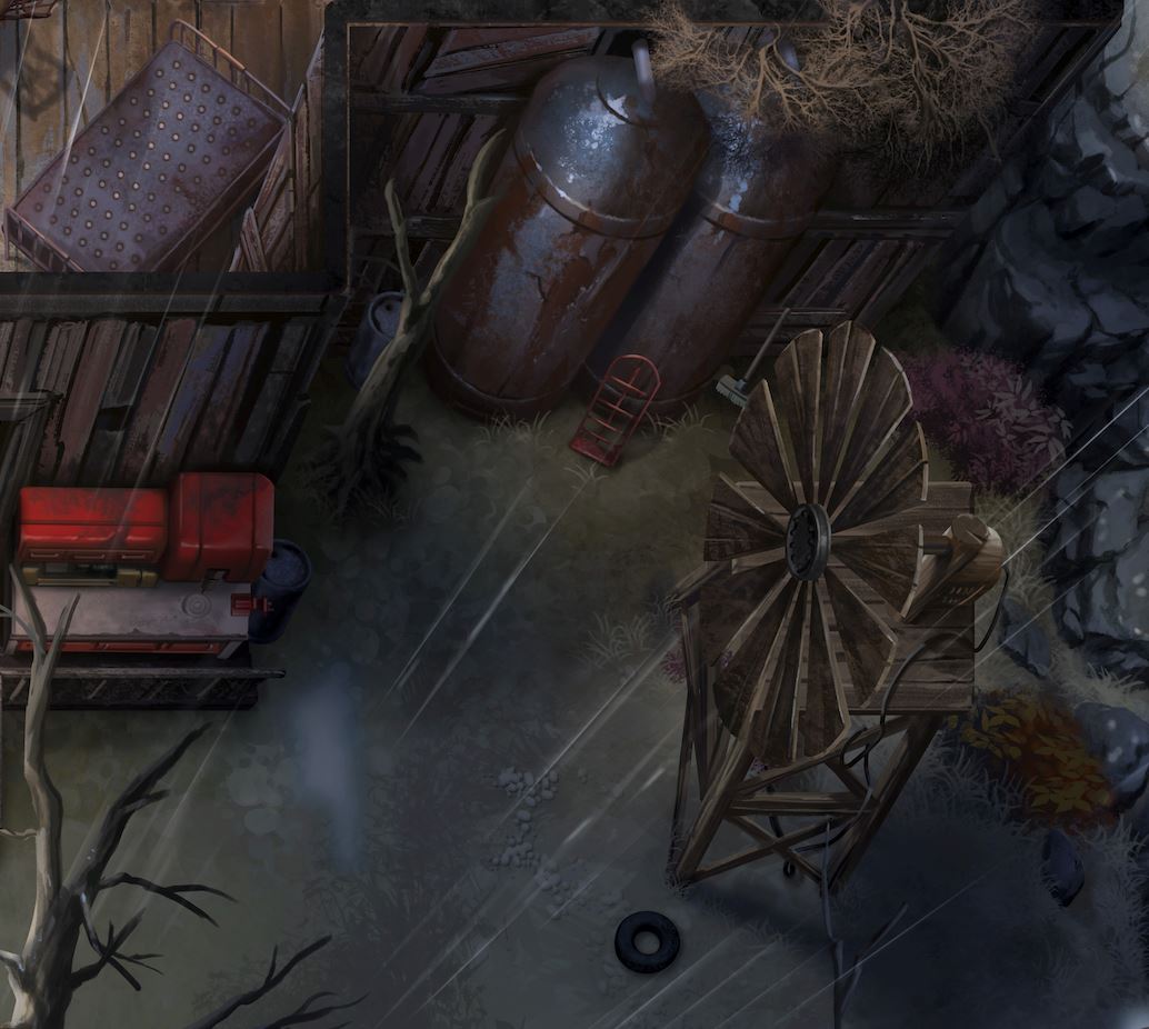 A rundown industrial scene in the rain, with rusty tanks, a generator, and a large wooden water wheel