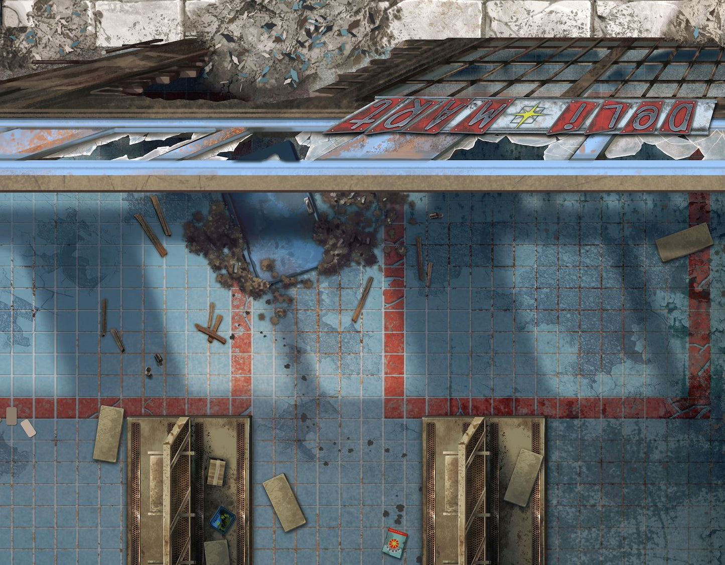 A broken sign, shattered windows, debris on a tiled floor, and two open grated doors