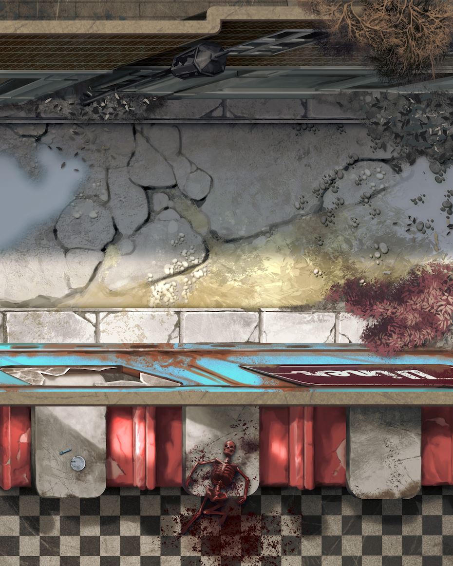 Top-down view of a bloody skeleton on a checkered floor in a derelict diner with red booths