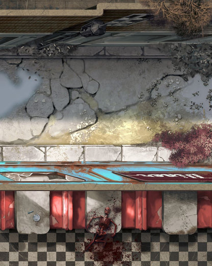 Top-down view of a bloody skeleton on a checkered floor in a derelict diner with red booths