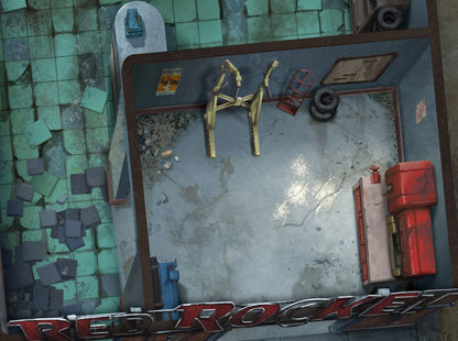 Top-down view of a run-down Red Rocket gas station garage - inside are a car lift, tires, and a gas pump