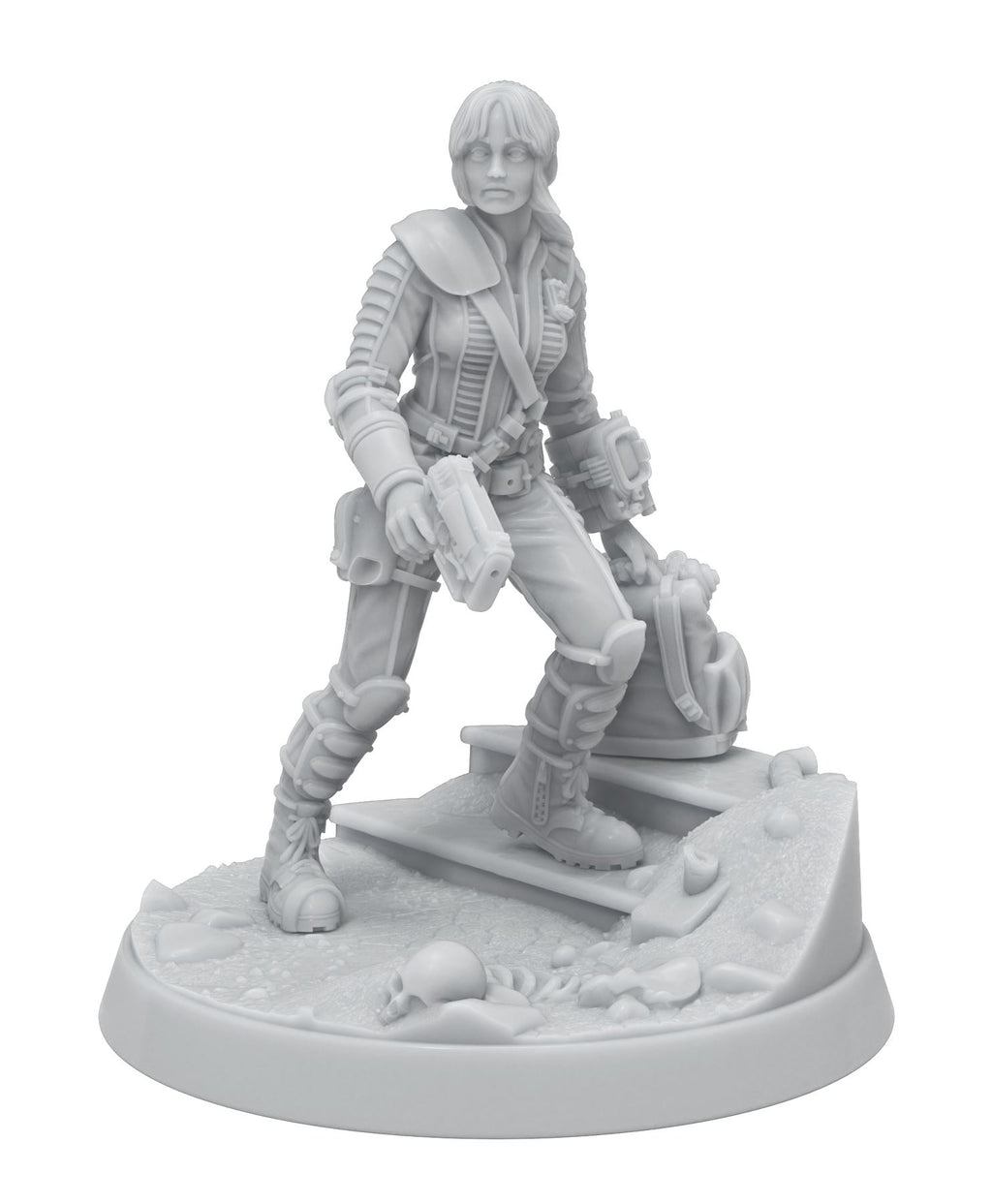 Gray miniature of a female character in rugged gear, holding a pistol, on a debris-strewn base