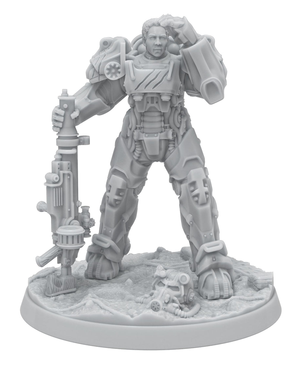 Unpainted grey miniature: Person in detailed power armor holds a large rifle. Right hand at brow; helmet on base