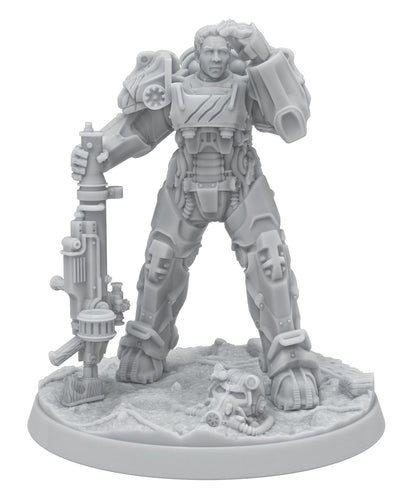 Unpainted grey miniature: Person in detailed power armor holds a large rifle. Right hand at brow; helmet on base
