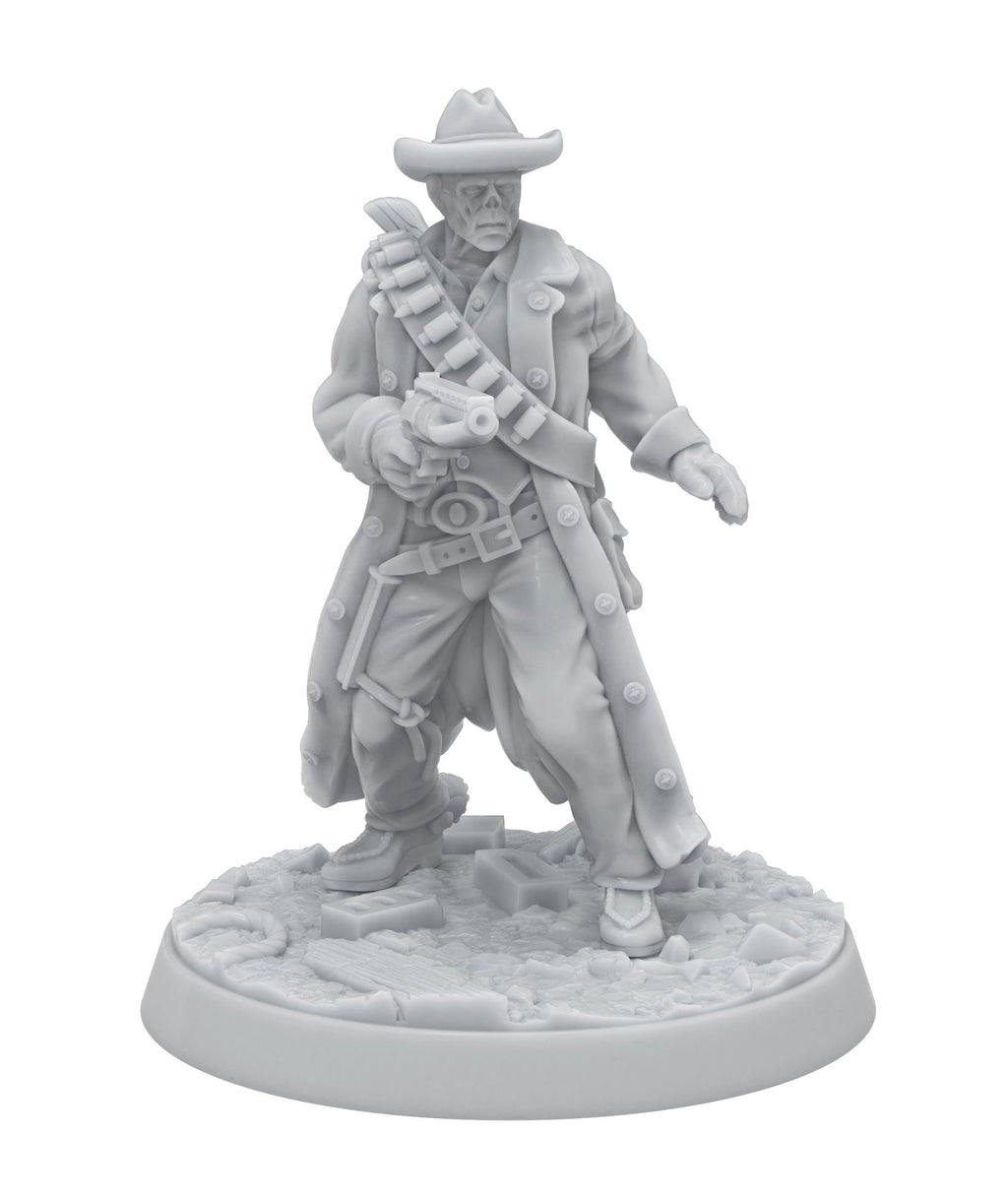 Unpainted grey miniature of an undead cowboy in a trench coat, holding a pistol, standing on a debris base