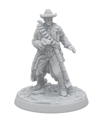 Unpainted grey miniature of an undead cowboy in a trench coat, holding a pistol, standing on a debris base