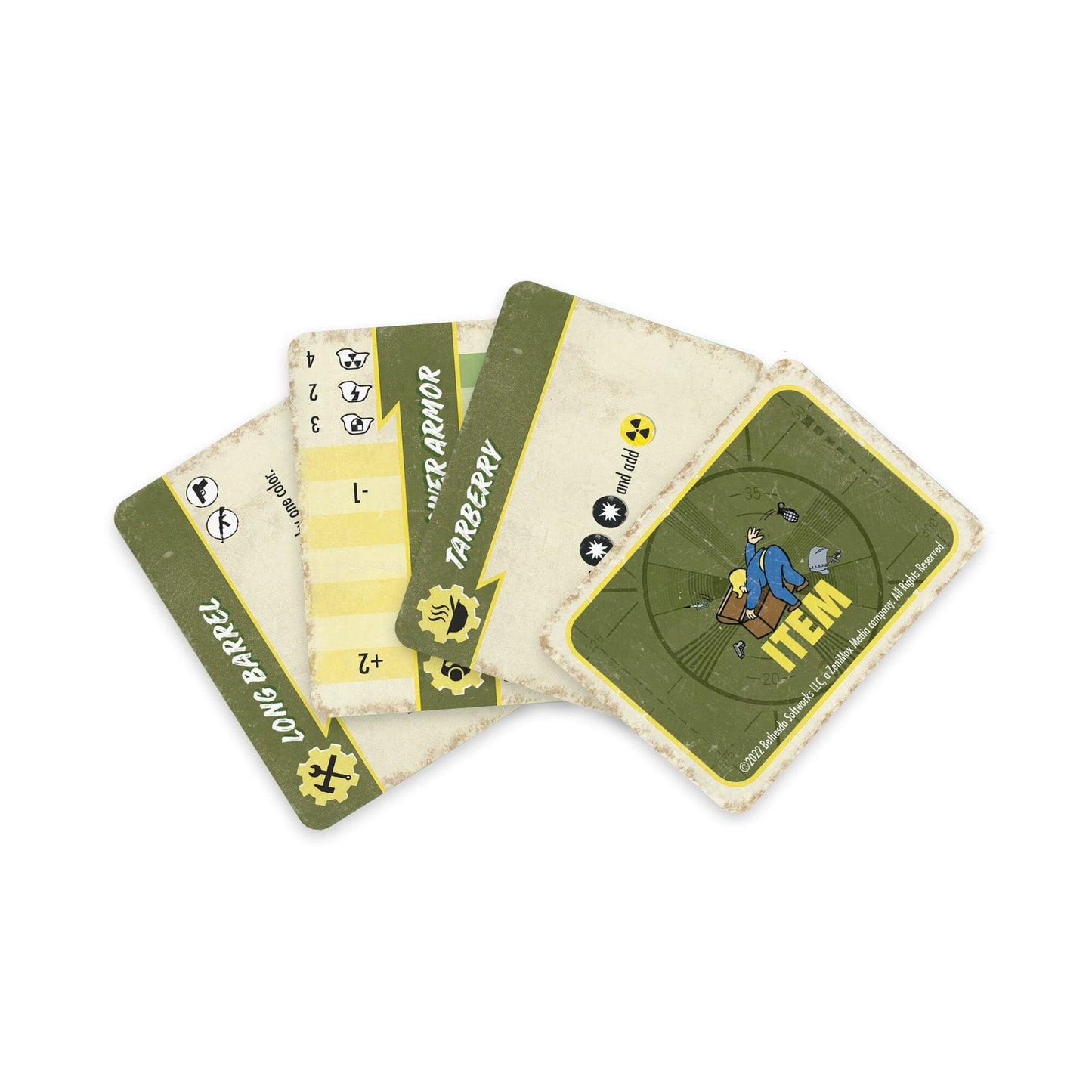 Fanned-out Fallout board game cards, including an "ITEM" card with Vault Boy lying on a crate, and "POWER ARMOR"
