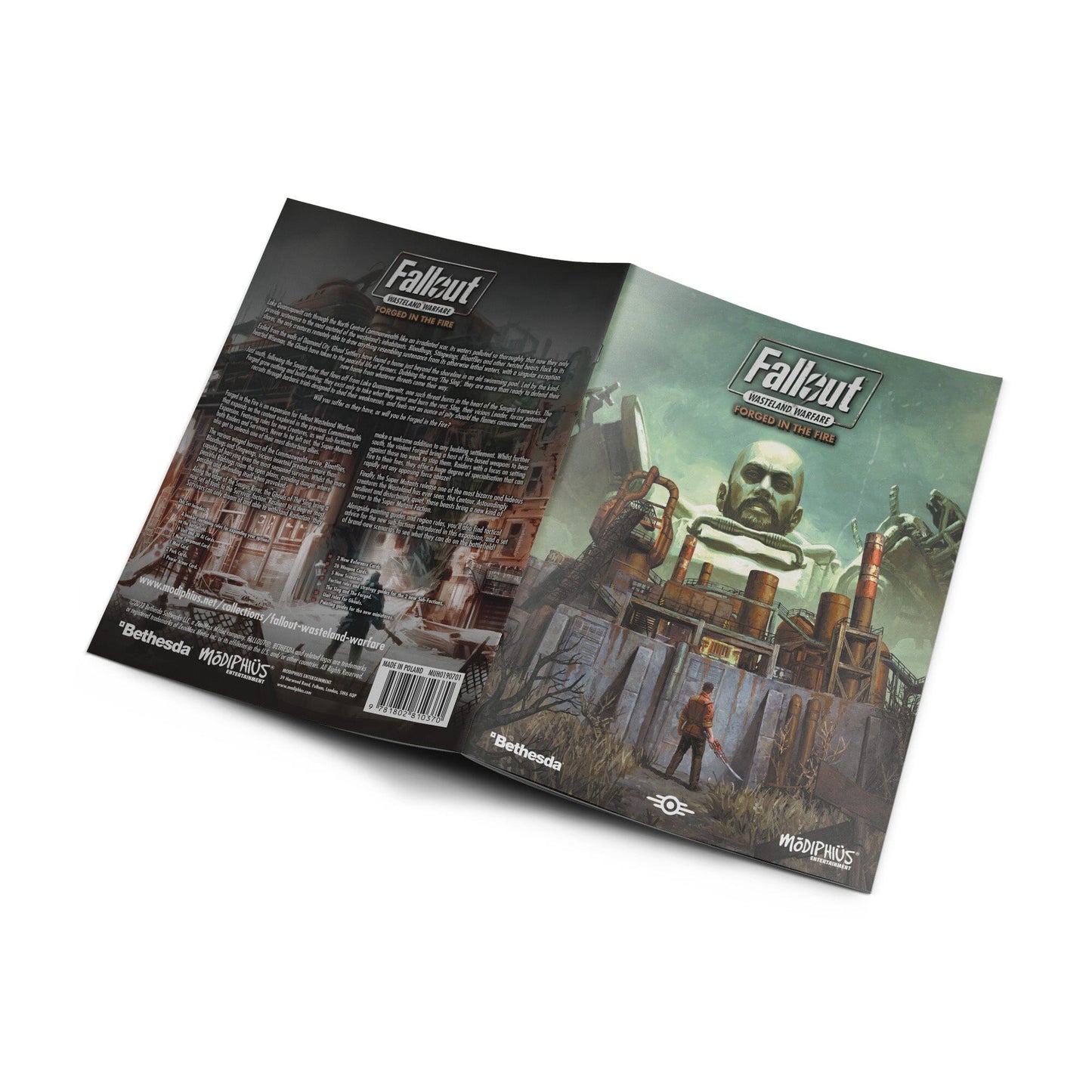 Cover: Large bald man looms over industrial ruins, a human walks towards them