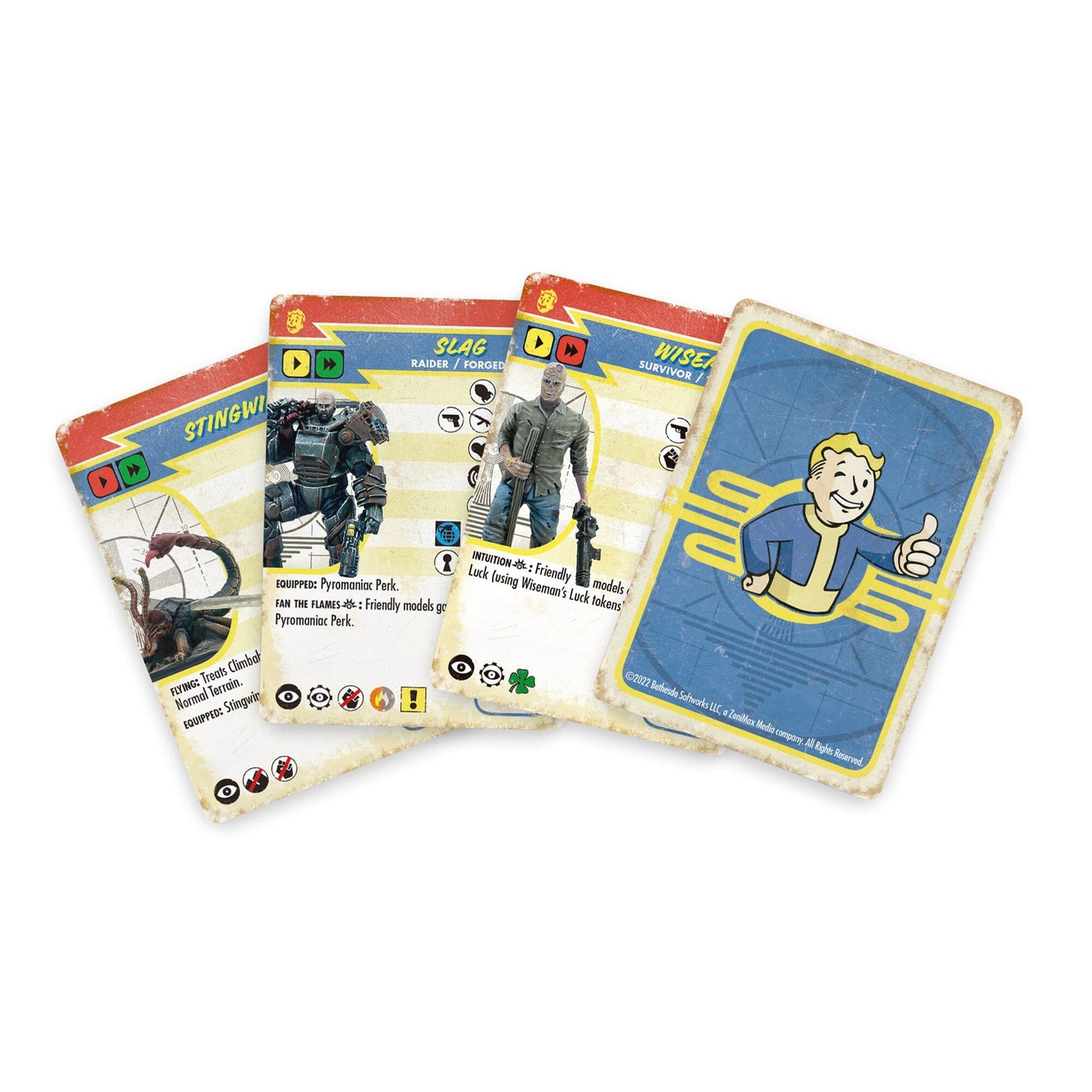 Four fanned Fallout game cards: a Stingwing, power-armored character, scarred man, and Vault Boy thumbs-up card back