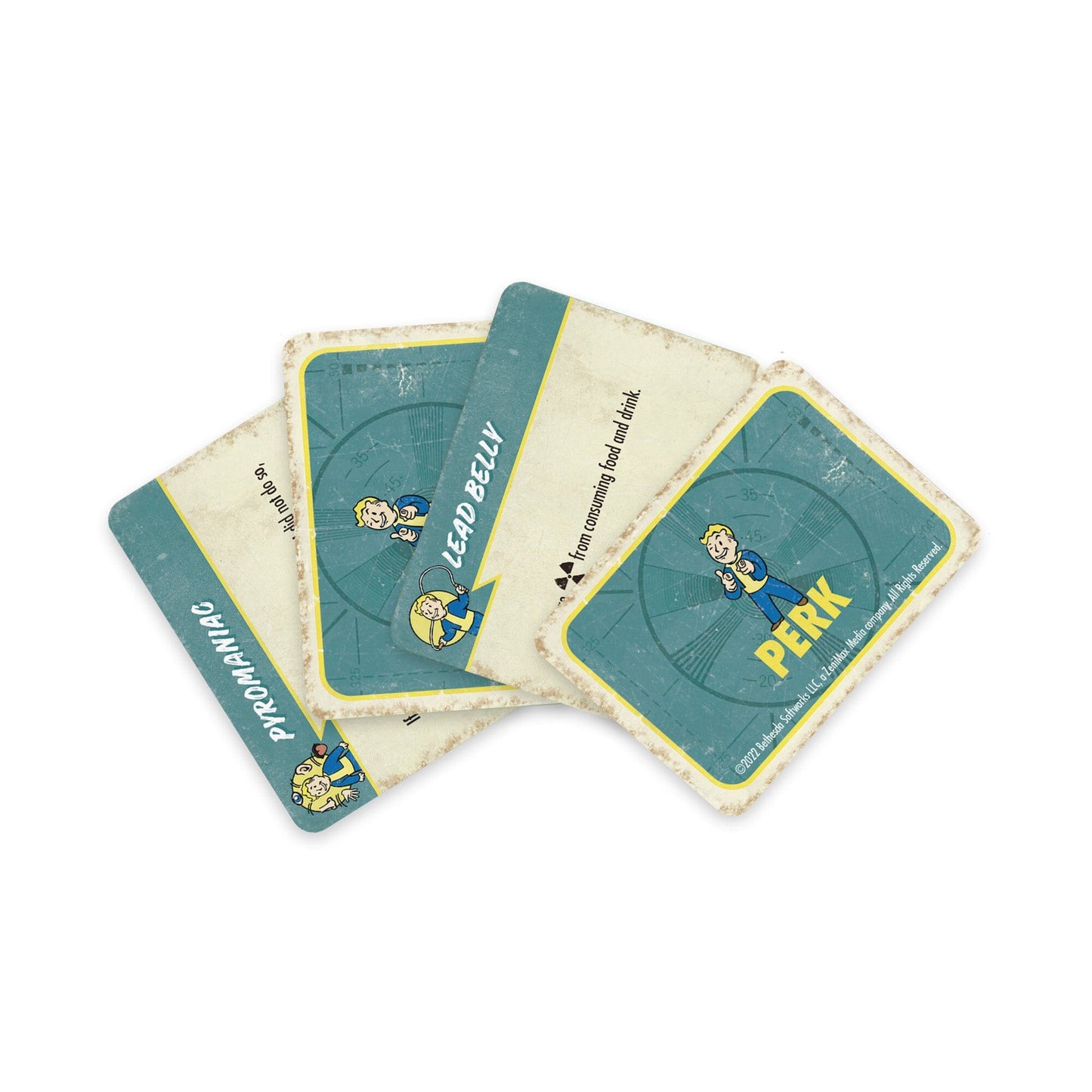 Top card shows Vault Boy thumbs up with "PERK"; others include "LEAD BELLY" and "PYROMANIAC"