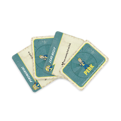 Top card shows Vault Boy thumbs up with "PERK"; others include "LEAD BELLY" and "PYROMANIAC"