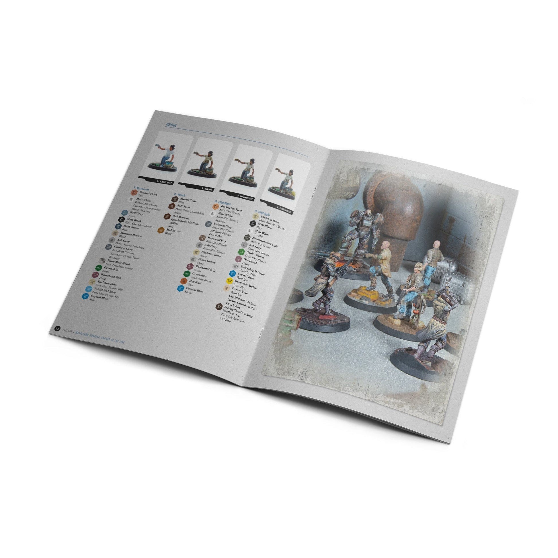 Open miniature painting guide shows Ghoul painting steps and a detailed diorama of Fallout miniatures in an industrial setting