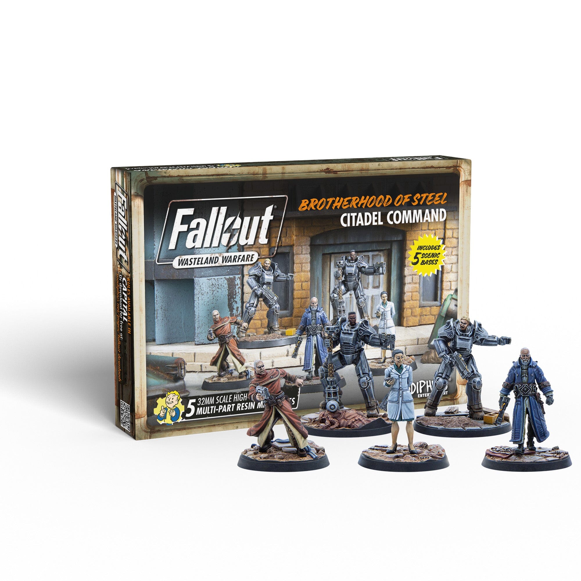Fallout: Wasteland Warfare Brotherhood of Steel Citadel Command box with 5 painted miniatures: power armor, robed, and scientist