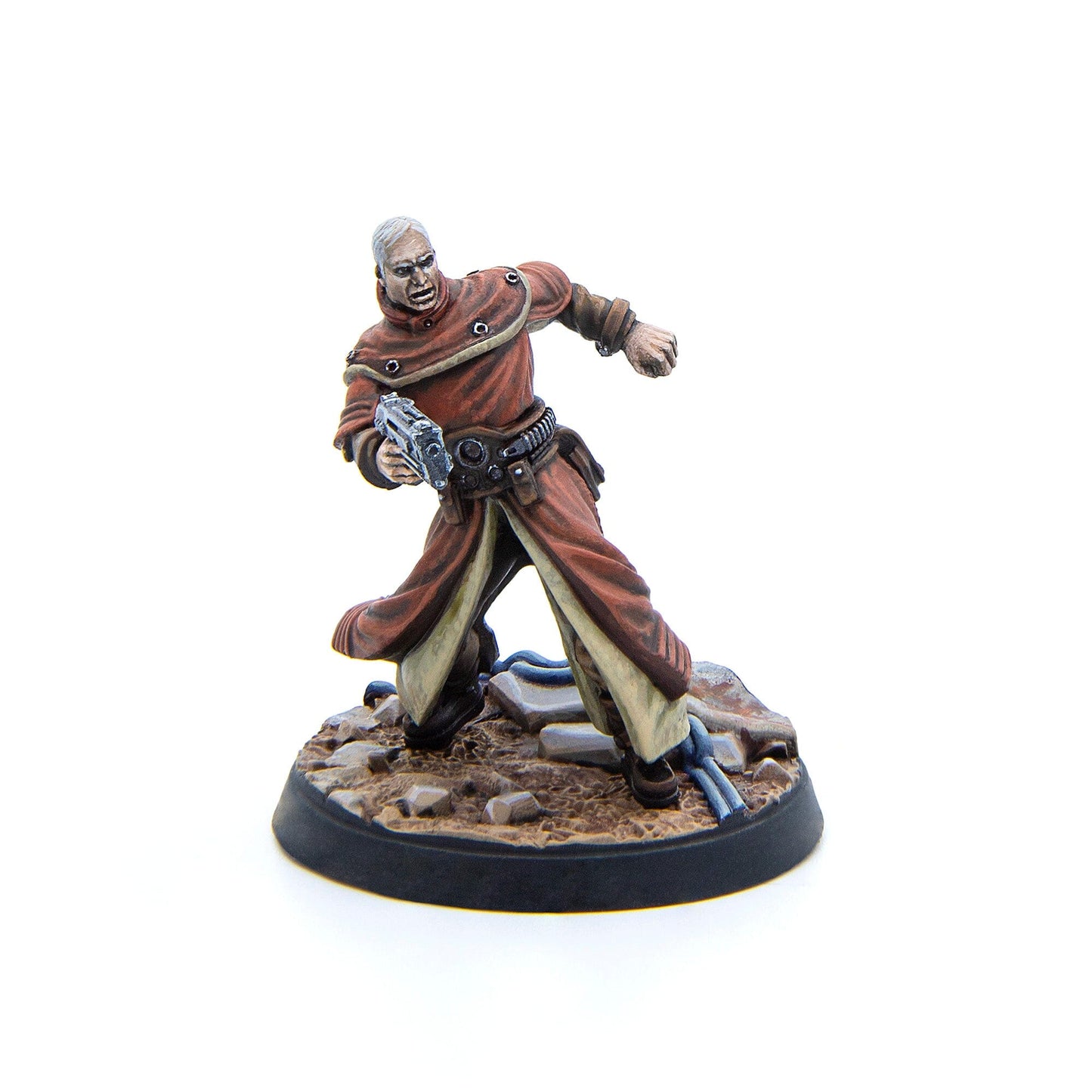 Painted miniature of an old man in a reddish-brown robe, gripping a futuristic gun and lunging forward