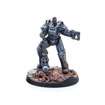 Miniature of a Black man in grey power armor holding a pistol and mace, standing over a defeated tentacled creature
