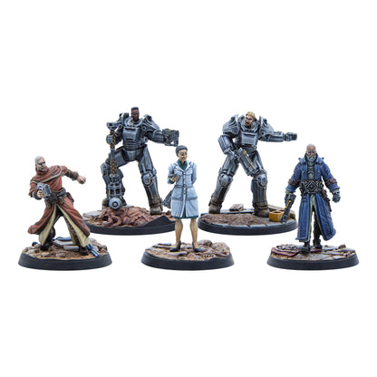Five distinct painted miniatures: two armored warriors, a scientist, and two robed figures with varied weapons