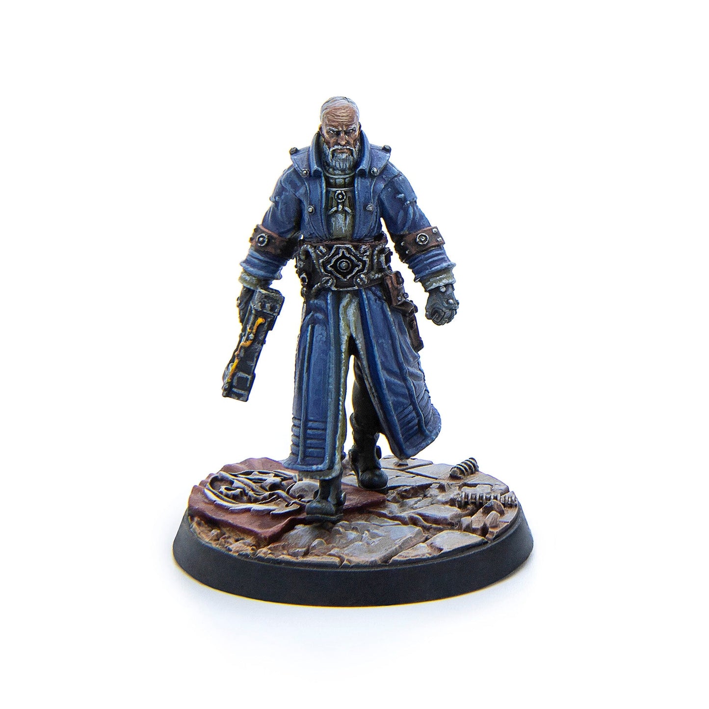 Miniature of an old man in a blue coat, with white hair and beard, holding a sci-fi pistol on a rubble base