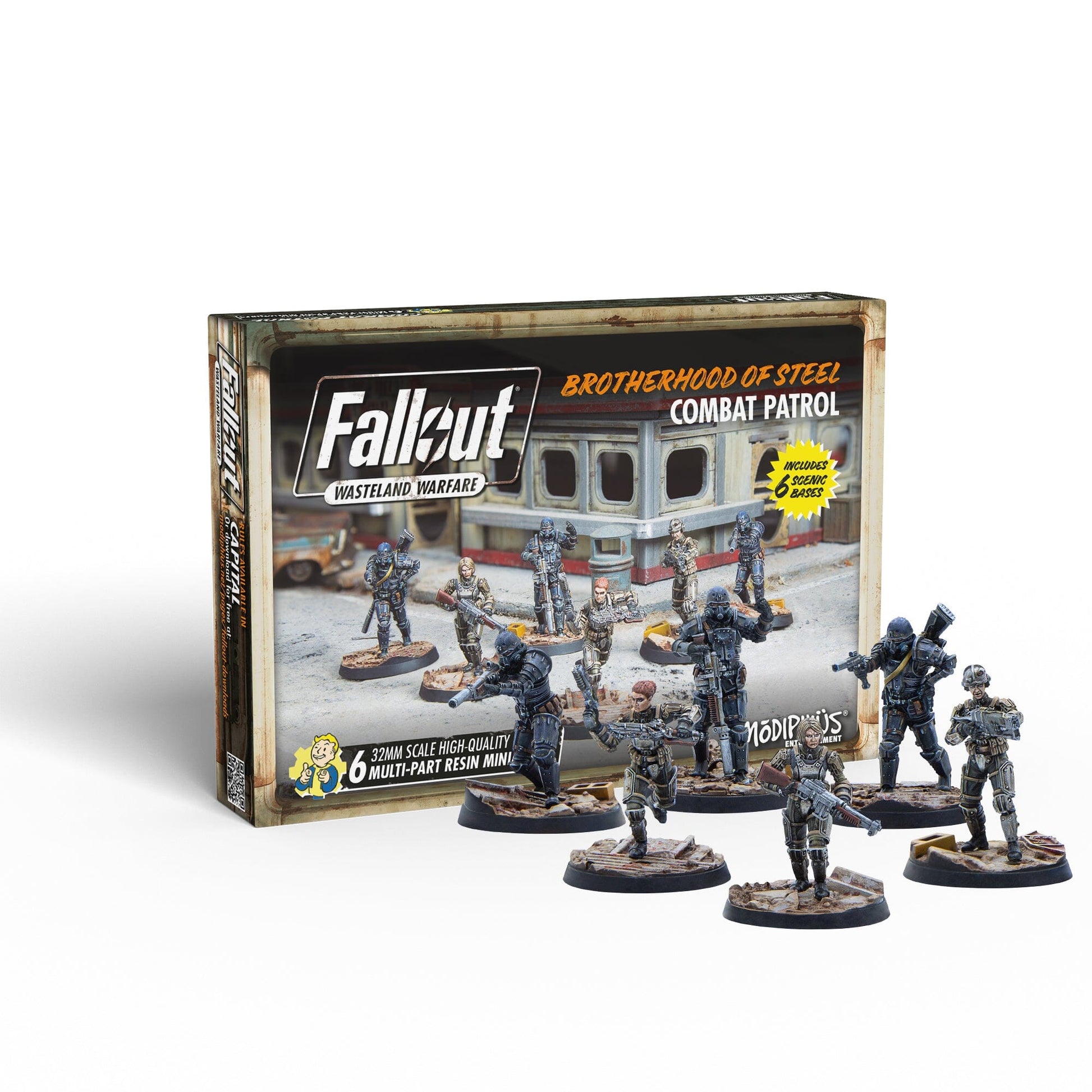 Fallout Wasteland Warfare Brotherhood of Steel Combat Patrol game box and six miniature figures displayed in front