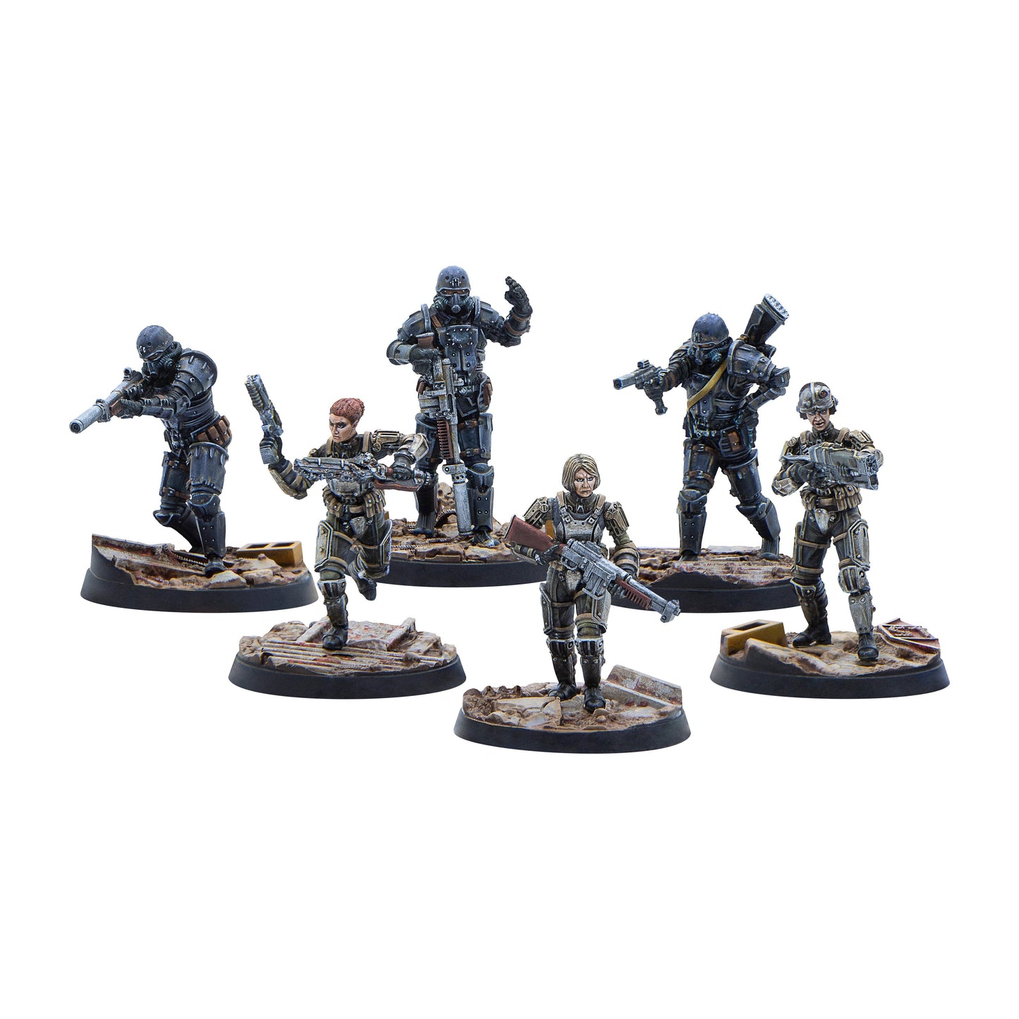 Six miniature wargame figures, some in armored suits and gas masks, holding various firearms on textured bases